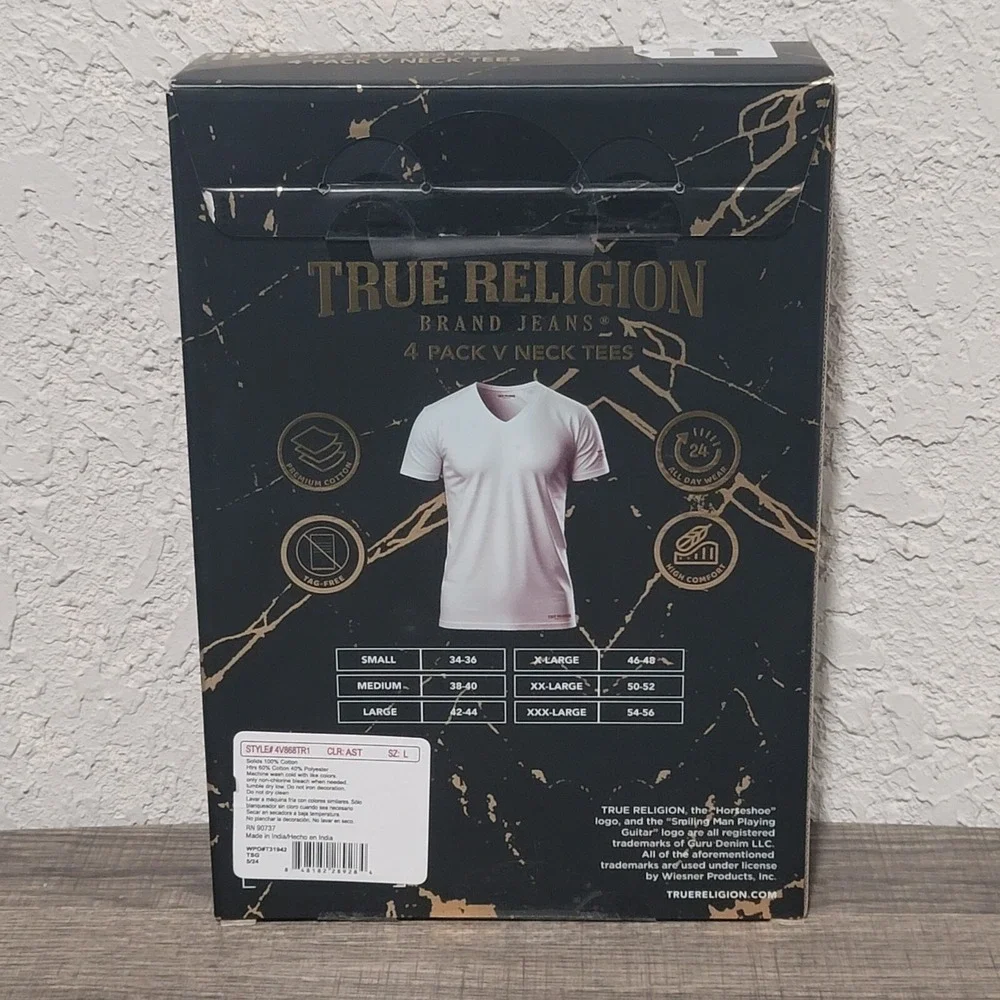 True‎ Religion T Shirts 4-Pack V Neck Mens Large (42-44) Cotton Multicolor Tees